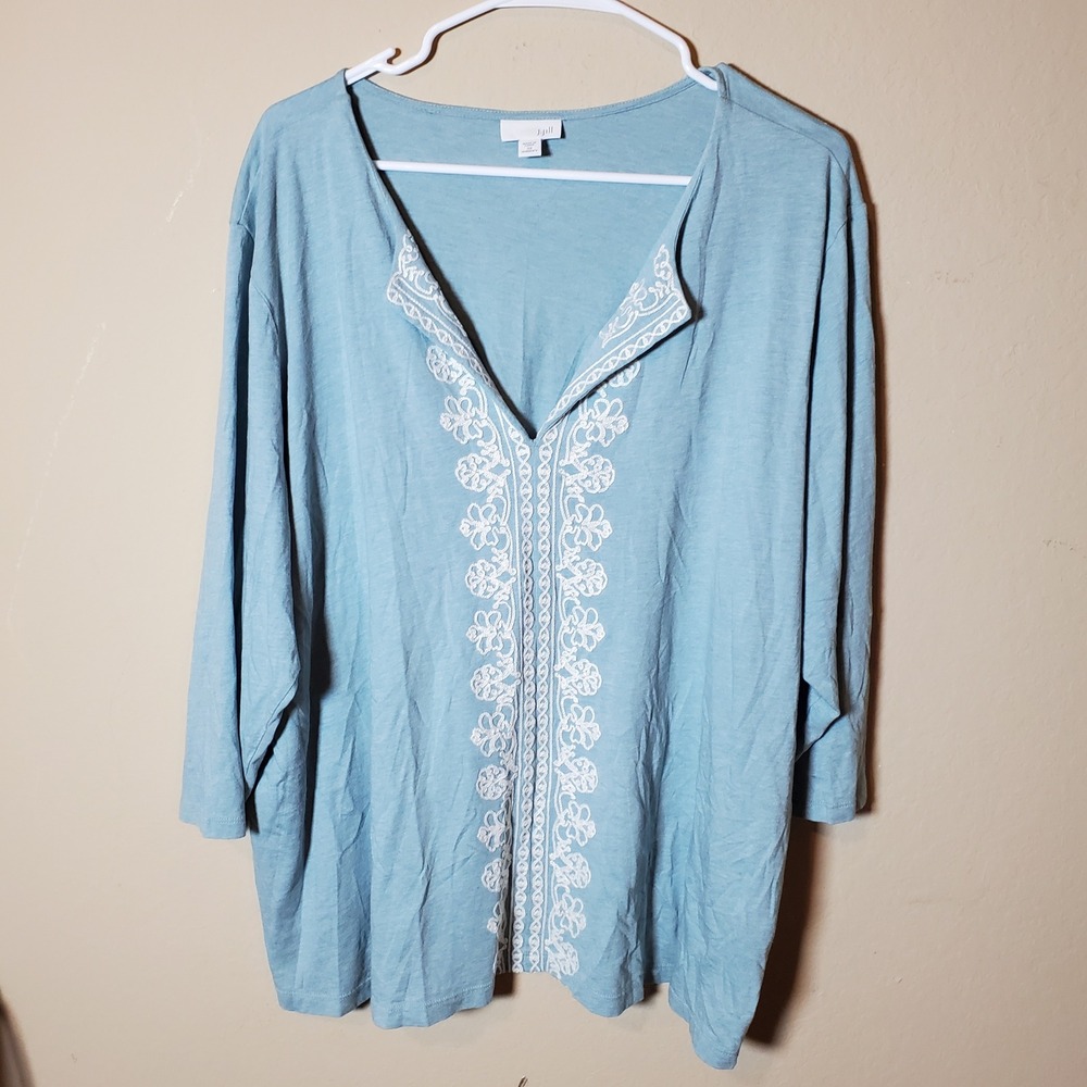 J. Jill Light Blue Embroidered Split Neck Tunic Top 3X Cotton Modal 3/4 Sleeve